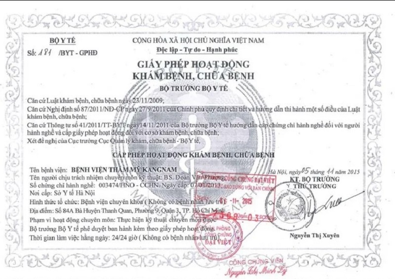 Bệnh viện Thẩm mỹ Kangnam được Bộ Y tế cấp phép hoạt động hợp pháp